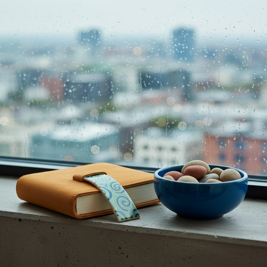 An image of a book sitting next to a bowl of pebbles on a windowsill with rain on the pane. The background is blurry, but ...