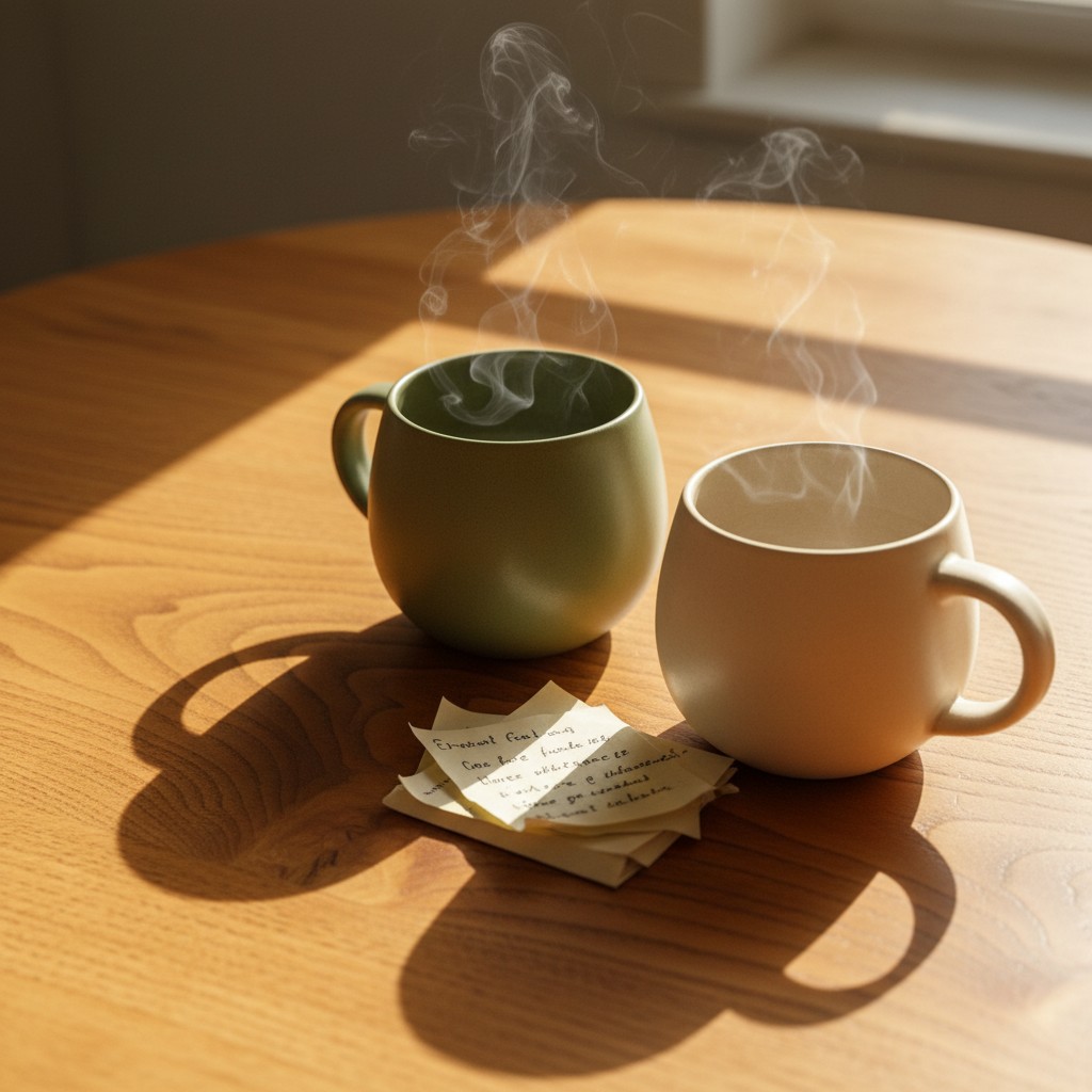 A photo of two steaming mugs and yellow post-it notes on a light-brown wooden table next to a window under sunshine in fro...